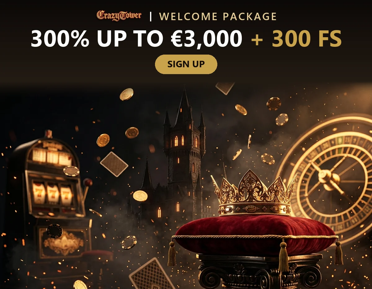 Gold crown on red velvet beside a slot machine and roulette wheel at crazy tower casino