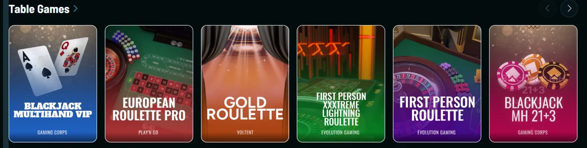 table game tiles blackjack multihand vip european roulette pro gold roulette and first person roulette